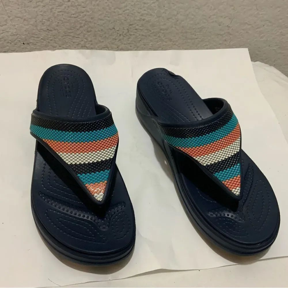 Crocs Monterey Beaded Multicolor Women's Stripe Wedge Flip Flop Sandals